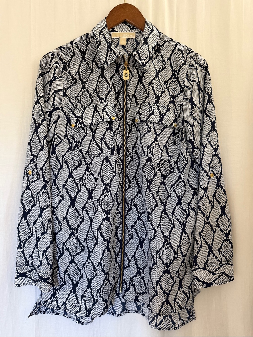 Michael Kors Women’s Snake-Print Utility Stule Zip Front Tunic Shirt - Navy - M